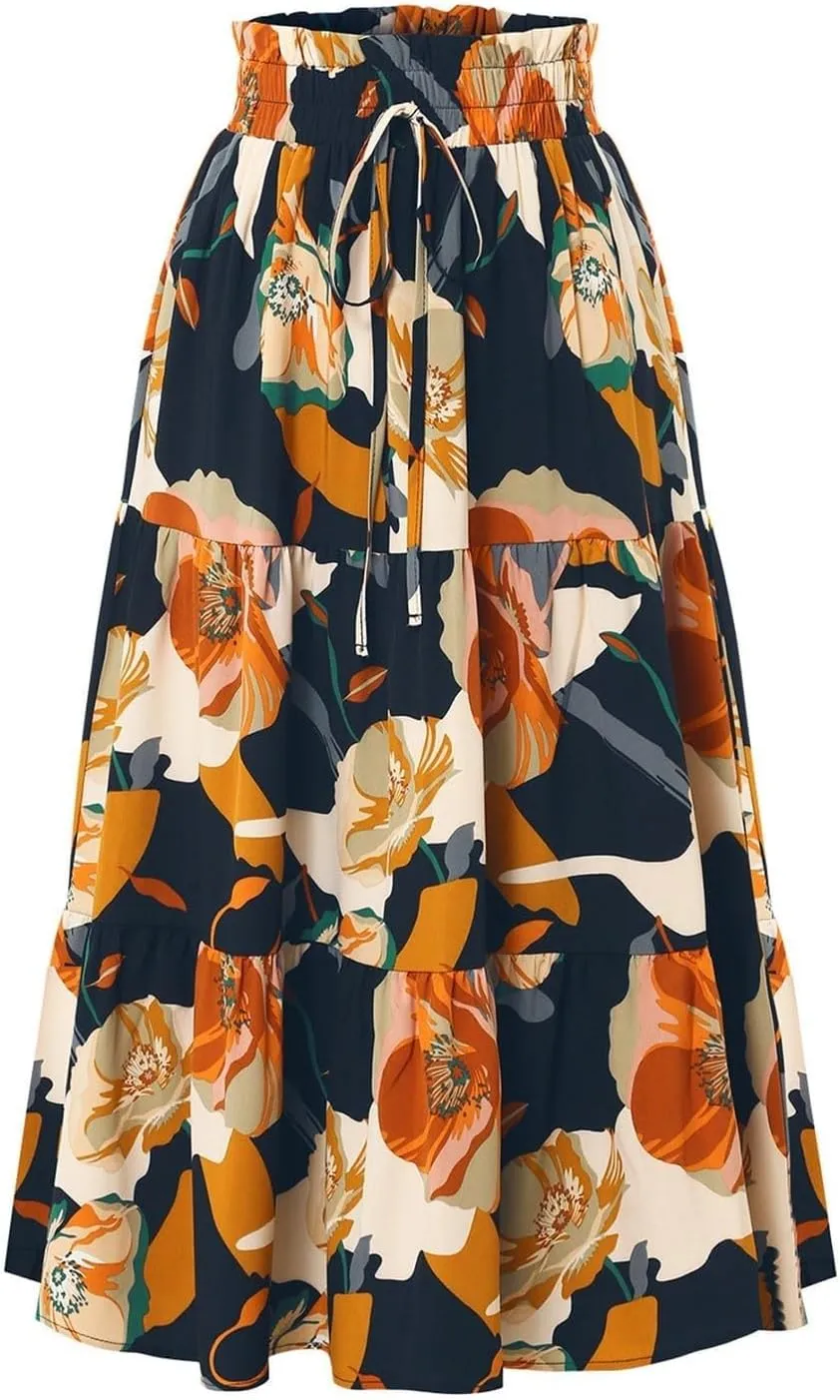 Floral Maxi Skirt for Women Summer Comfy Tiered Elastic High Waisted Skirts Vacation A-Line Flowy Swing Long Skirts