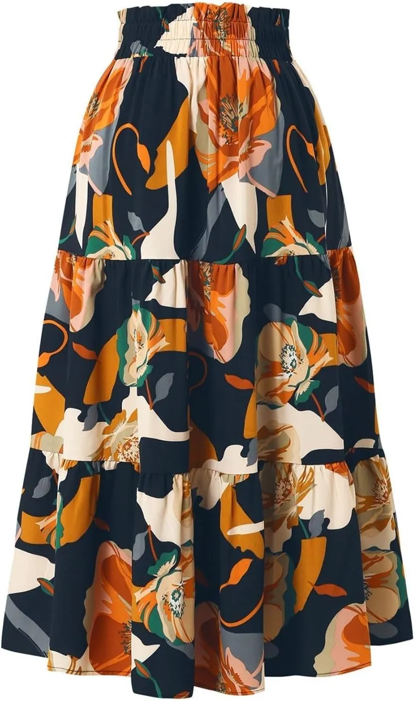 Floral Maxi Skirt for Women Summer Comfy Tiered Elastic High Waisted Skirts Vacation A-Line Flowy Swing Long Skirts