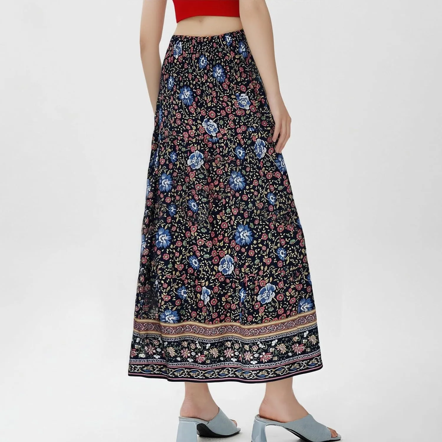 Flowy Maxi Skirts for Women Summer Drawstring Elastic A Line Skirt Business Tiered Pleated Skirt Long
