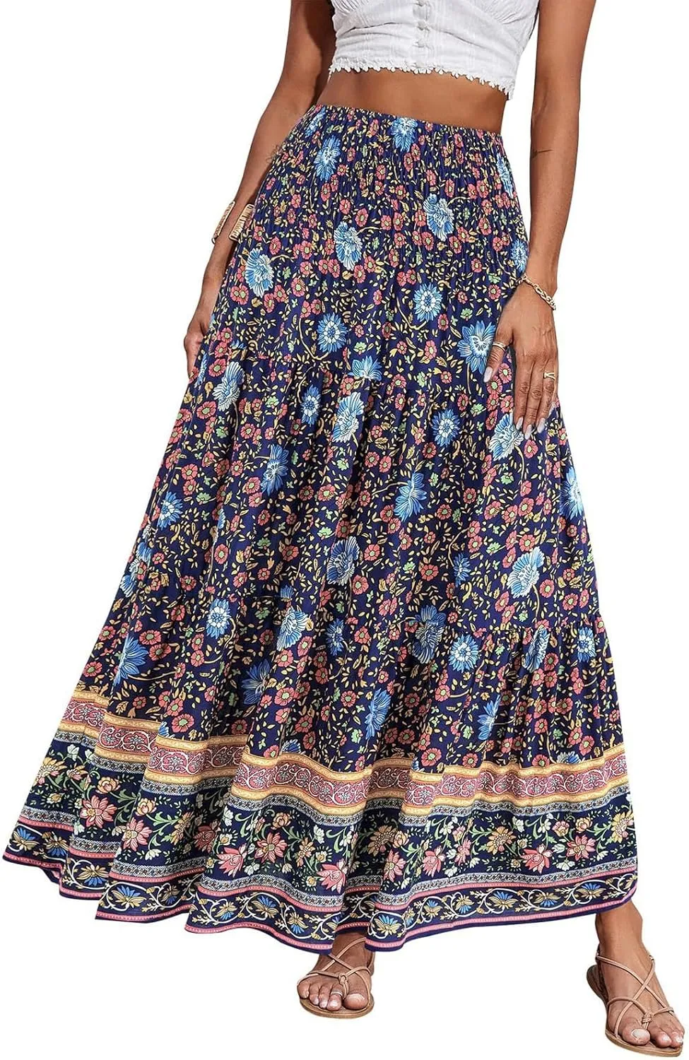 Flowy Maxi Skirts for Women Summer Drawstring Elastic A Line Skirt Business Tiered Pleated Skirt Long