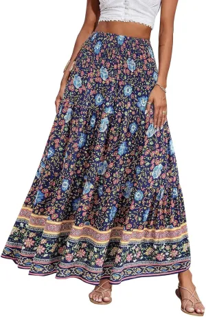 Flowy Maxi Skirts for Women Summer Drawstring Elastic A Line Skirt Business Tiered Pleated Skirt Long