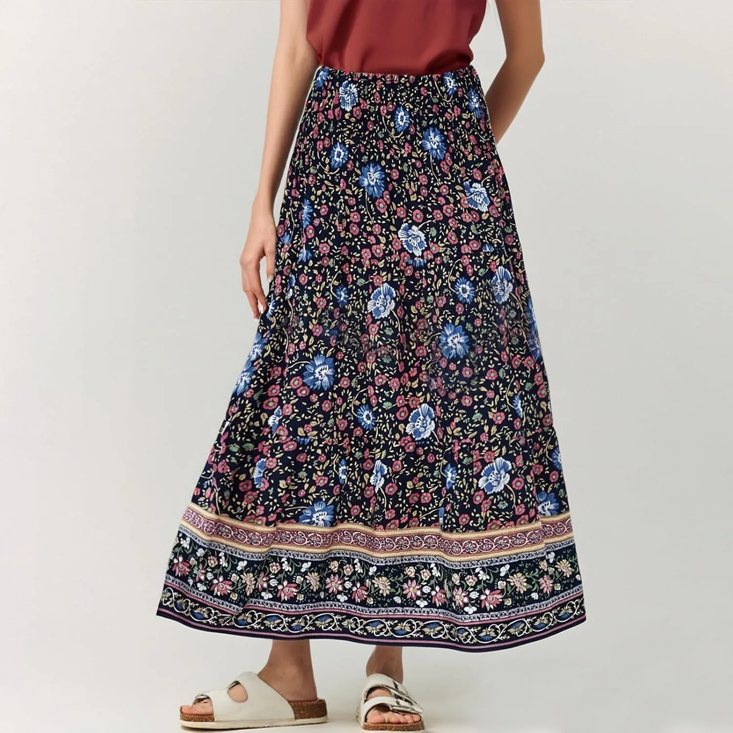 Flowy Maxi Skirts for Women Summer Drawstring Elastic A Line Skirt Business Tiered Pleated Skirt Long