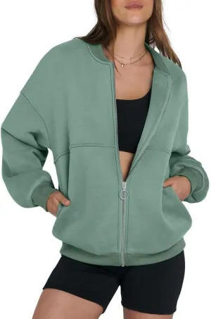FMCHICO Women's Oversized Full Zip Up Sweatshirts Jacket 2024 Fall Fleece Long Sleeve Hoodies Outfit