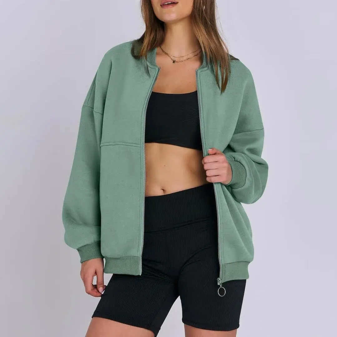 FMCHICO Women's Oversized Full Zip Up Sweatshirts Jacket 2024 Fall Fleece Long Sleeve Hoodies Outfit