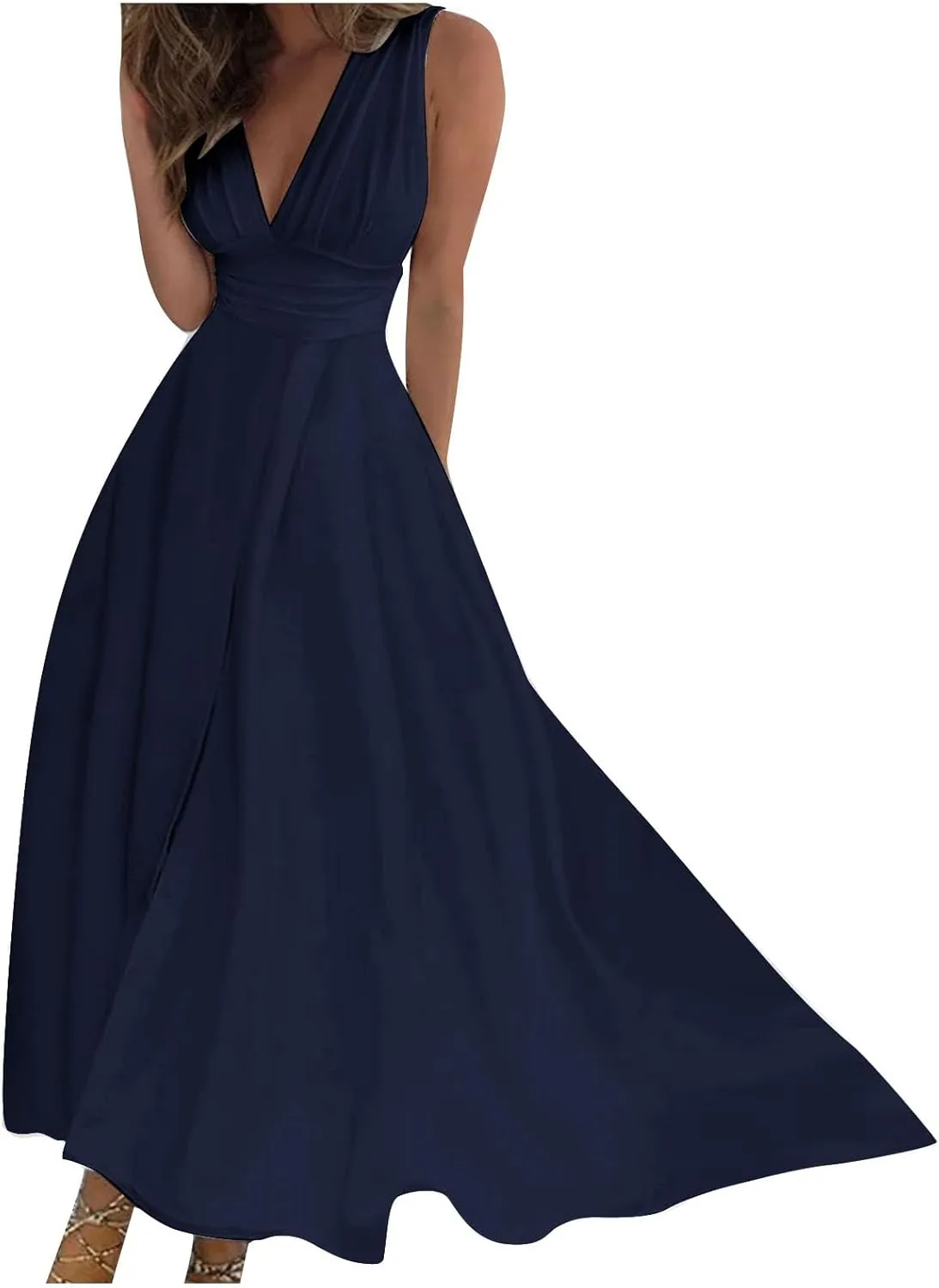 FZYLQY Sundresses for Women, 2024 Spring Summer Elegant Wrap V Neck Sleeveless Maxi Dress, Trendy Solid Flowy Beach Dress