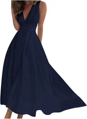 FZYLQY Sundresses for Women, 2024 Spring Summer Elegant Wrap V Neck Sleeveless Maxi Dress, Trendy Solid Flowy Beach Dress