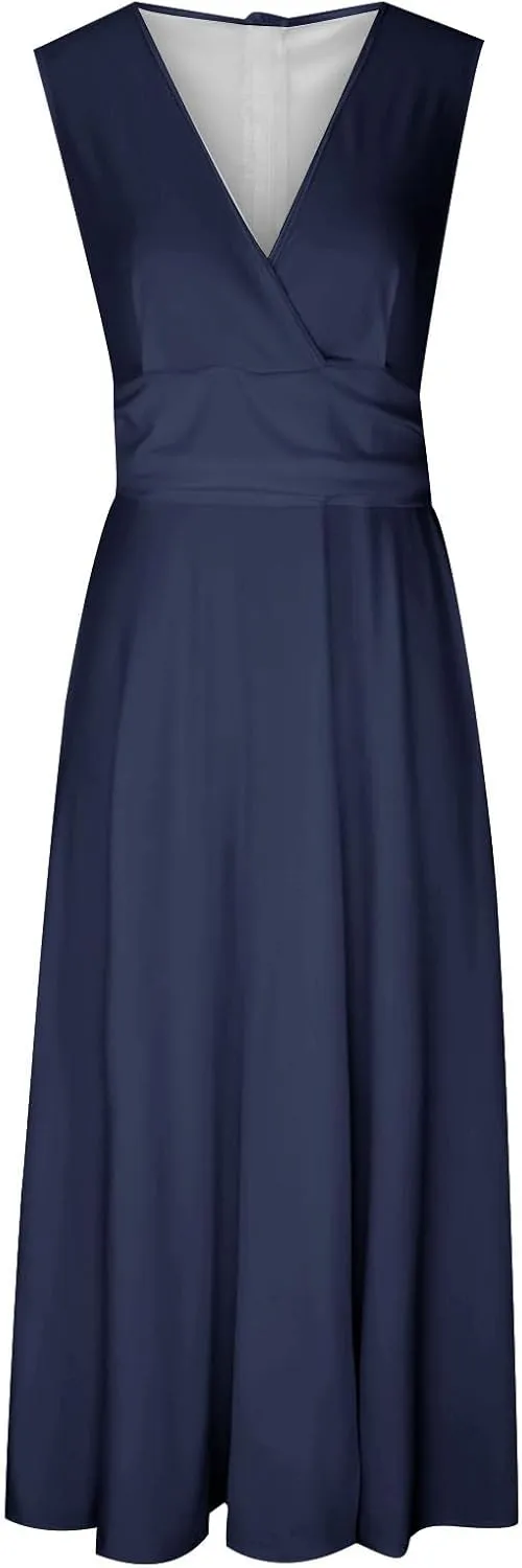 FZYLQY Sundresses for Women, 2024 Spring Summer Elegant Wrap V Neck Sleeveless Maxi Dress, Trendy Solid Flowy Beach Dress
