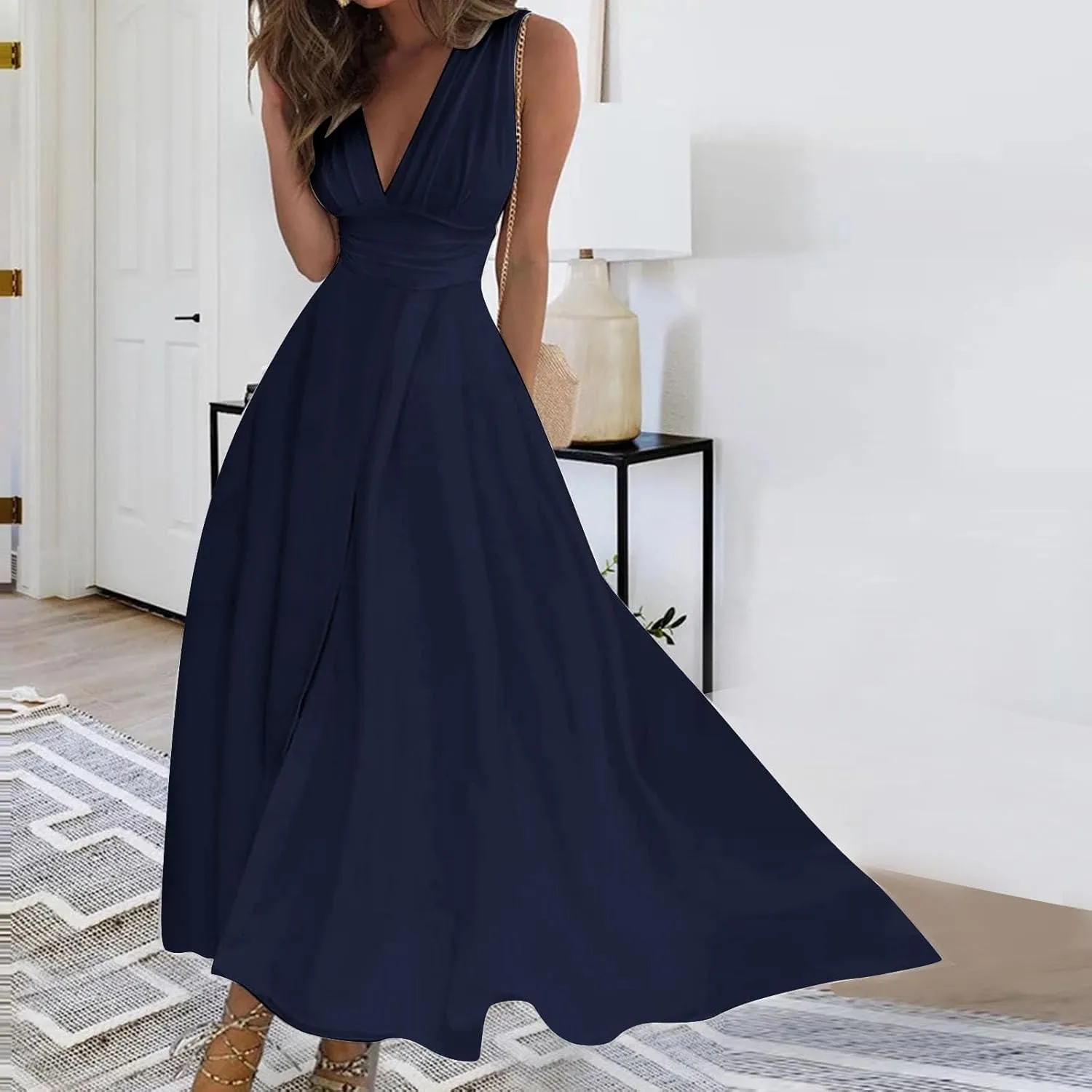 FZYLQY Sundresses for Women, 2024 Spring Summer Elegant Wrap V Neck Sleeveless Maxi Dress, Trendy Solid Flowy Beach Dress