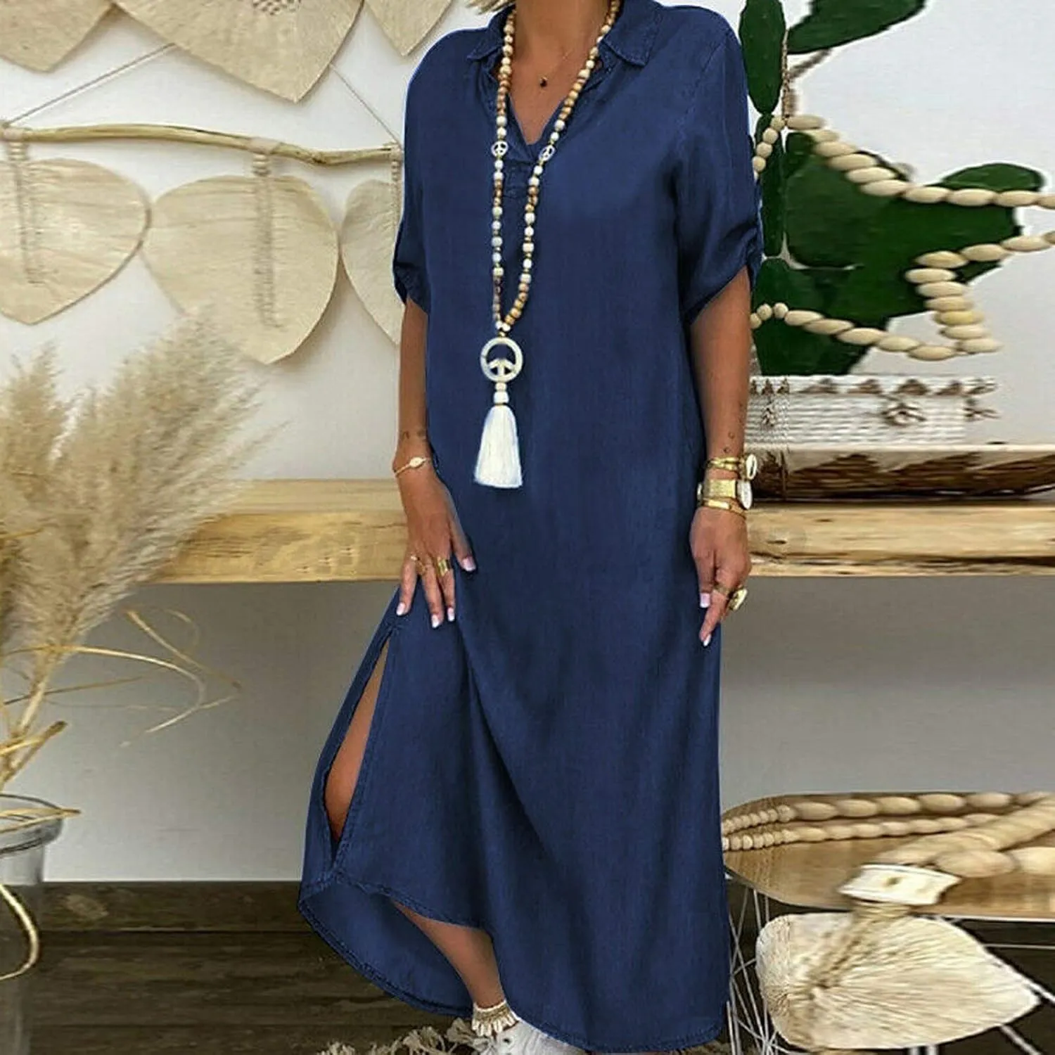 FZYLQY Womens Plus Size Denim Dresses Turn-Down Collar Short Sleeve Loose Long Dress Summer Casual Button Shirt Dress M-3XL