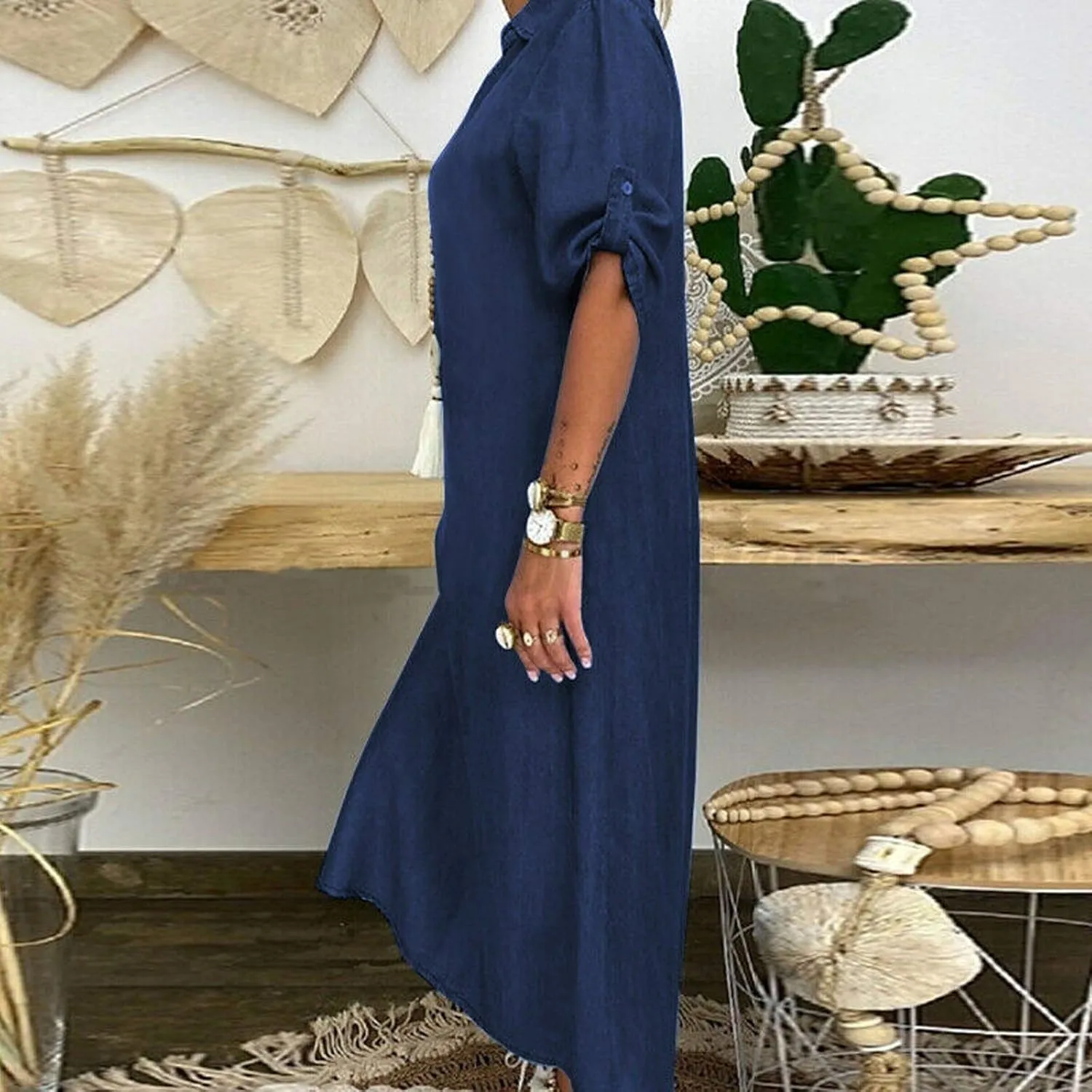 FZYLQY Womens Plus Size Denim Dresses Turn-Down Collar Short Sleeve Loose Long Dress Summer Casual Button Shirt Dress M-3XL