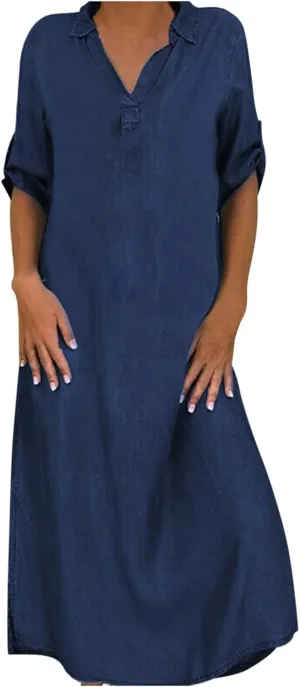 FZYLQY Womens Plus Size Denim Dresses Turn-Down Collar Short Sleeve Loose Long Dress Summer Casual Button Shirt Dress M-3XL