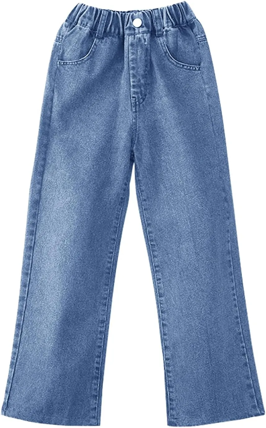 Girls Jeans Elastic Waist Jeans Straight Leg Demin Pants Kids Straight Denim Pant with Pockets Youth 4-13 Years
