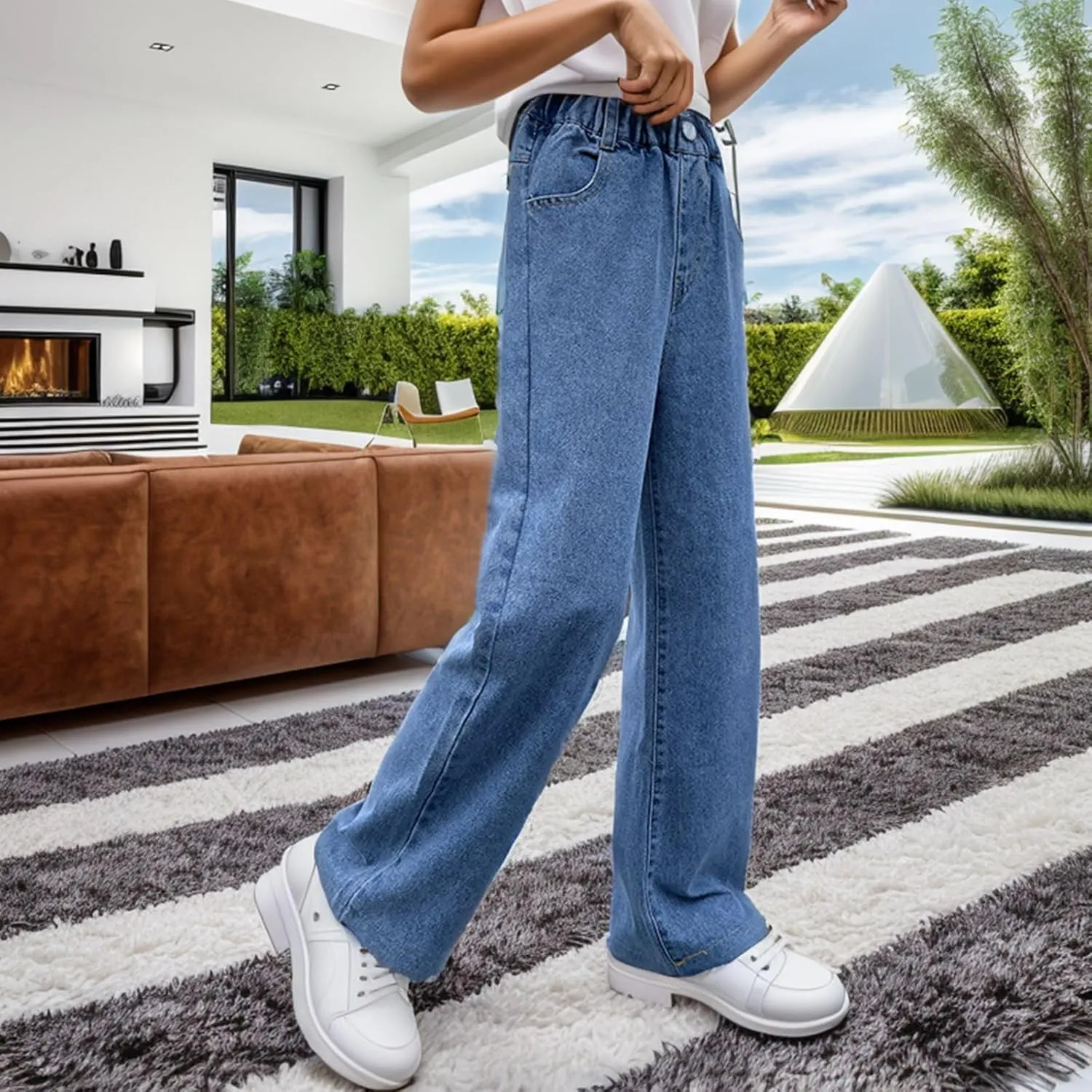 Girls Jeans Elastic Waist Jeans Straight Leg Demin Pants Kids Straight Denim Pant with Pockets Youth 4-13 Years