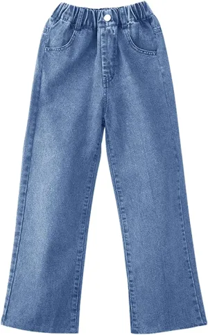 Girls Jeans Elastic Waist Jeans Straight Leg Demin Pants Kids Straight Denim Pant with Pockets Youth 4-13 Years