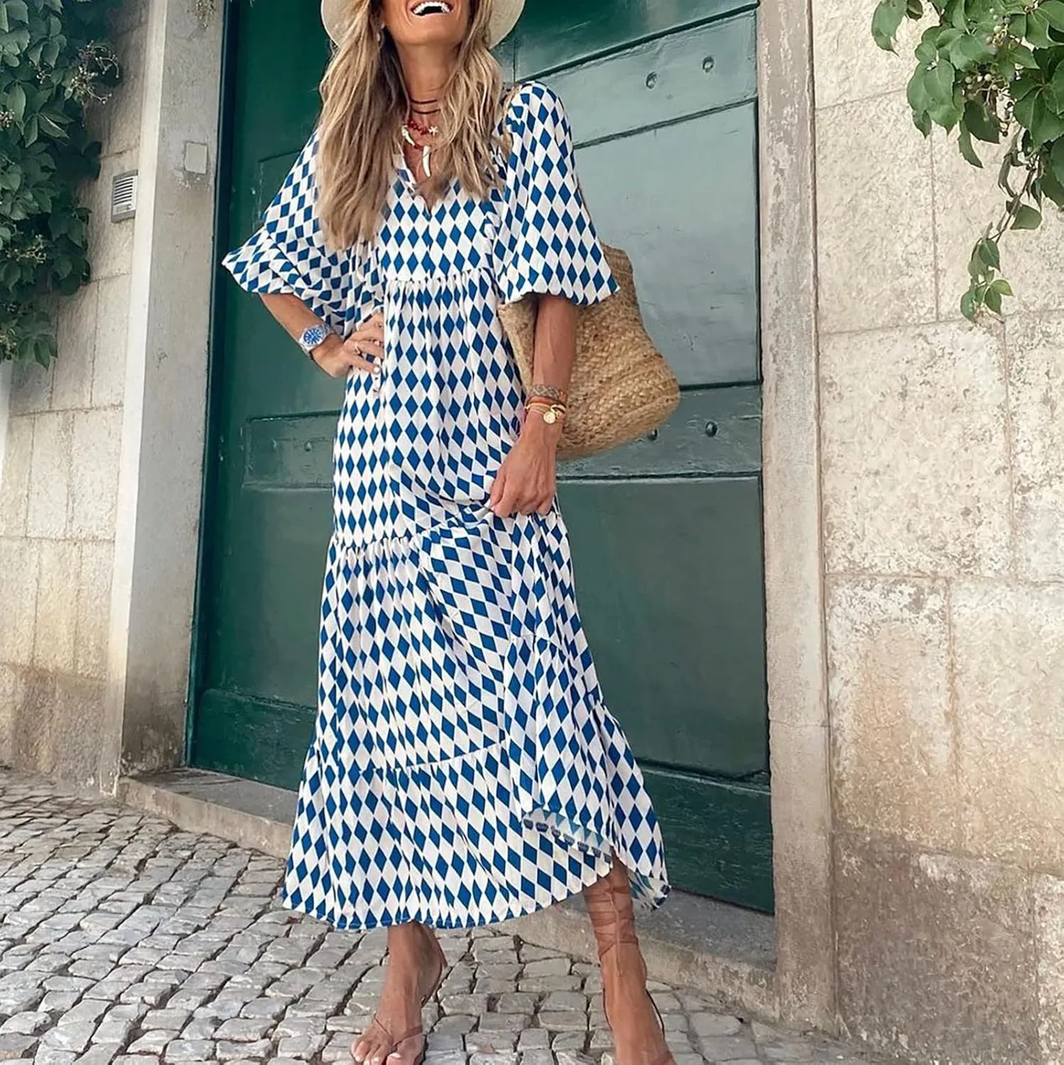 GOKKILRW Maxi Dresses for Women Loose Fit Summer Puff Sleeve V Neck Flowy Long Casual Beach Dress 2025 Vacation Boho Outfits
