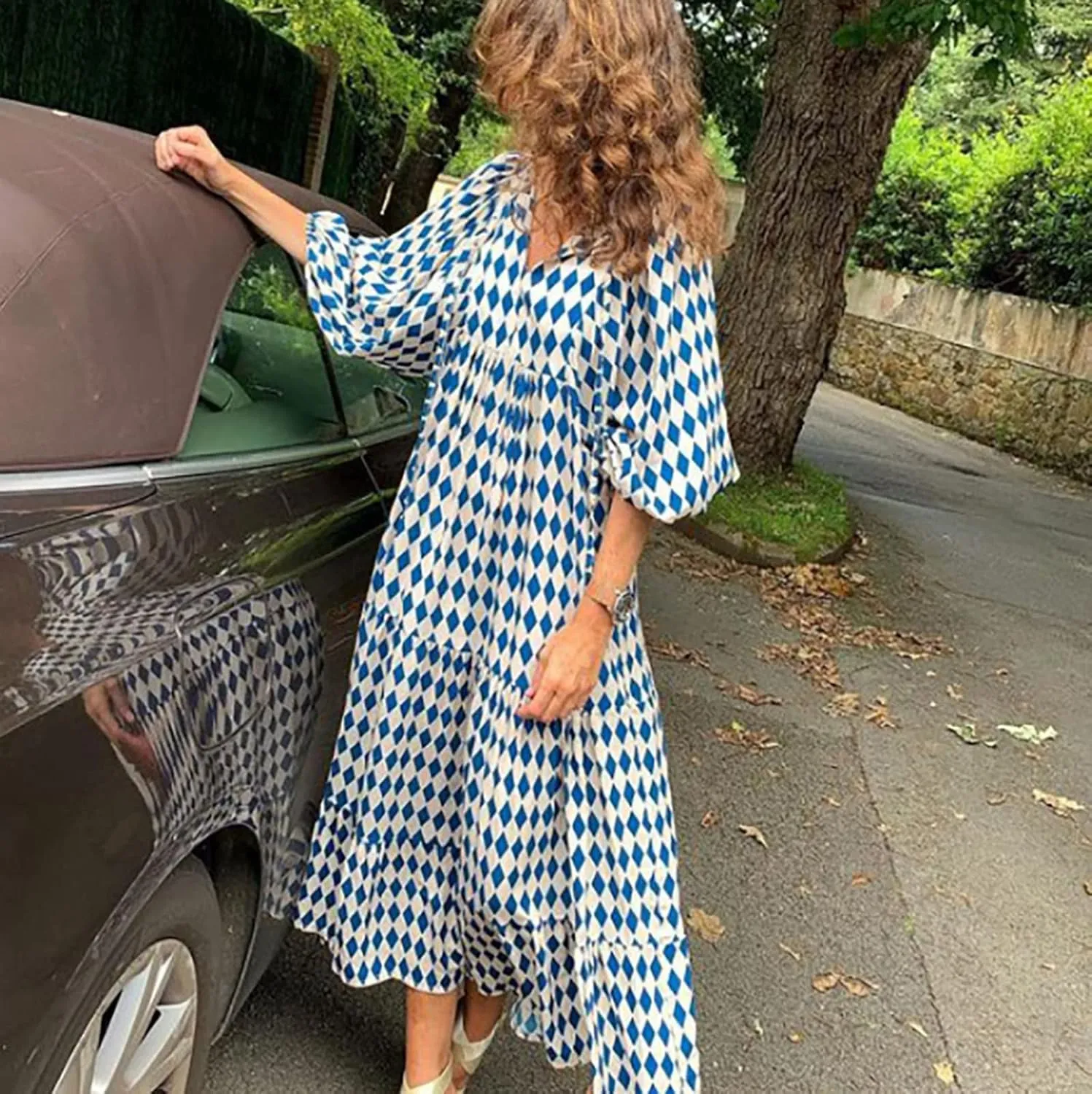 GOKKILRW Maxi Dresses for Women Loose Fit Summer Puff Sleeve V Neck Flowy Long Casual Beach Dress 2025 Vacation Boho Outfits