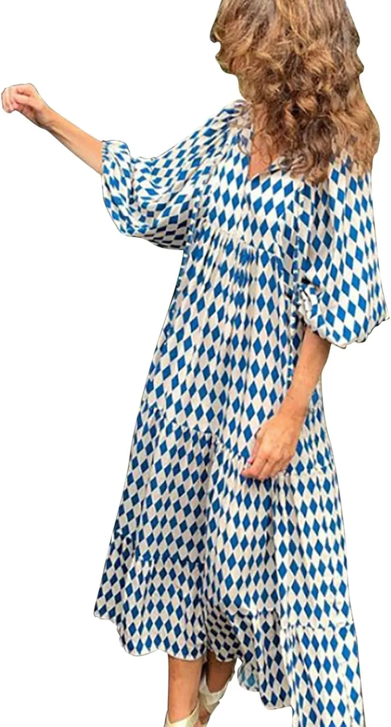GOKKILRW Maxi Dresses for Women Loose Fit Summer Puff Sleeve V Neck Flowy Long Casual Beach Dress 2025 Vacation Boho Outfits