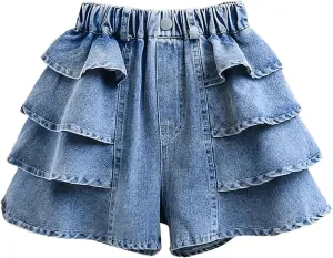 GORGLITTER Girl's Wide Leg Jean Shorts Cute Layered Ruffle Denim Shorts Summer High Waisted Shorts