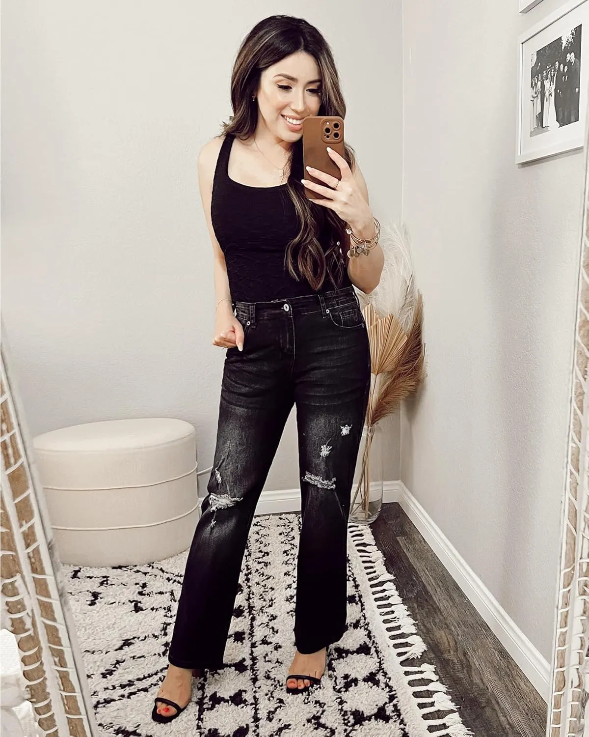 GRAPENT Jeans for Women High Waisted Distressed Straight Leg Ripped Jeans Stretchy Denim Pants Western Outfit 90s