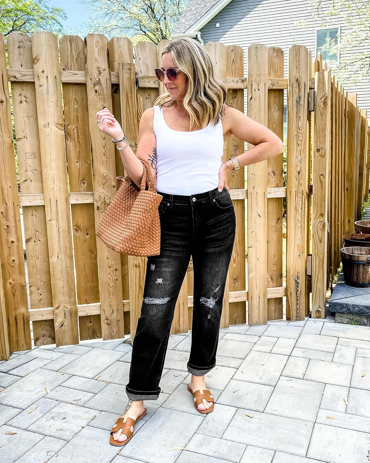 GRAPENT Jeans for Women High Waisted Distressed Straight Leg Ripped Jeans Stretchy Denim Pants Western Outfit 90s