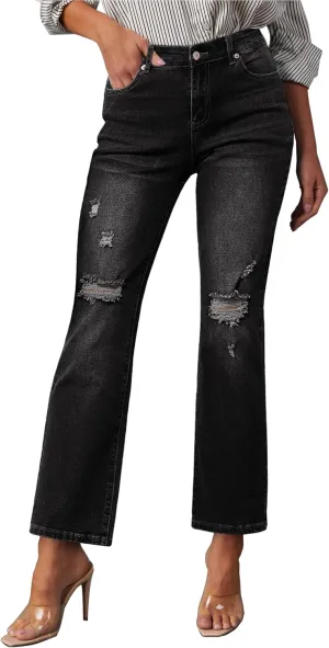 GRAPENT Jeans for Women High Waisted Distressed Straight Leg Ripped Jeans Stretchy Denim Pants Western Outfit 90s