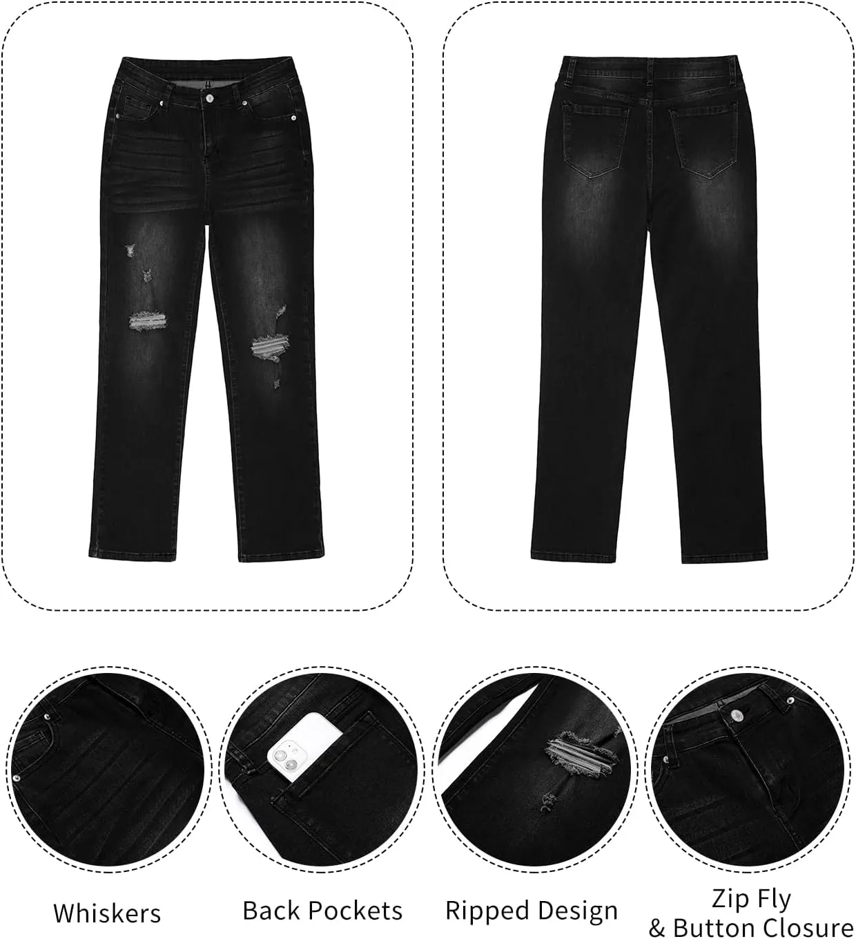 GRAPENT Jeans for Women High Waisted Distressed Straight Leg Ripped Jeans Stretchy Denim Pants Western Outfit 90s