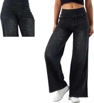 Grevela Pull up Jeans, Grevela Stretch Jeans High Waisted Multiple Pockets Wide Leg Washed Stretchy Knit Casual Pull on Jean