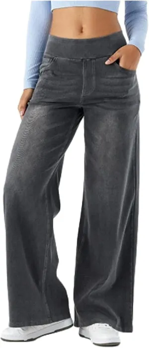 Grevela Pull Up Jeans, Grevela Stretch Jeans, High Waisted Stretchy Pull On Wide Leg Denim Pants with Pocket