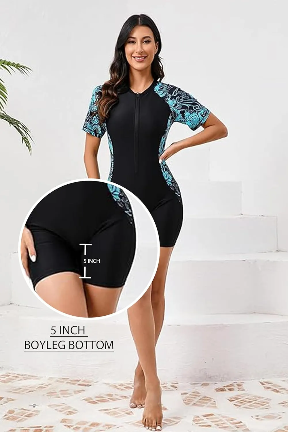 Halcurt Women's Boyleg One Piece Rash Guard with Built in Bra UPF50  Zip Long Sleeve Full Body Modest Swimsuit