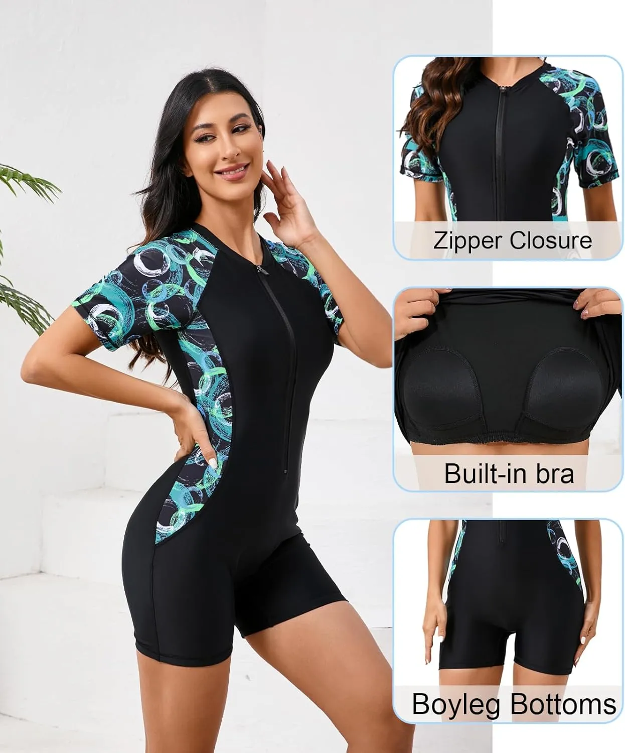 Halcurt Women's Boyleg One Piece Rash Guard with Built in Bra UPF50  Zip Long Sleeve Full Body Modest Swimsuit