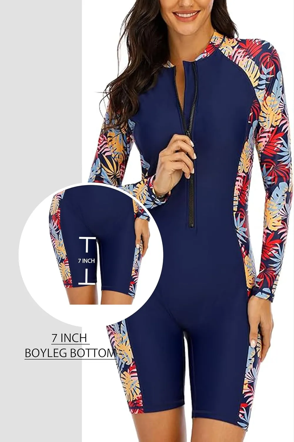 Halcurt Women's Boyleg One Piece Rash Guard with Built in Bra UPF50  Zip Long Sleeve Full Body Modest Swimsuit