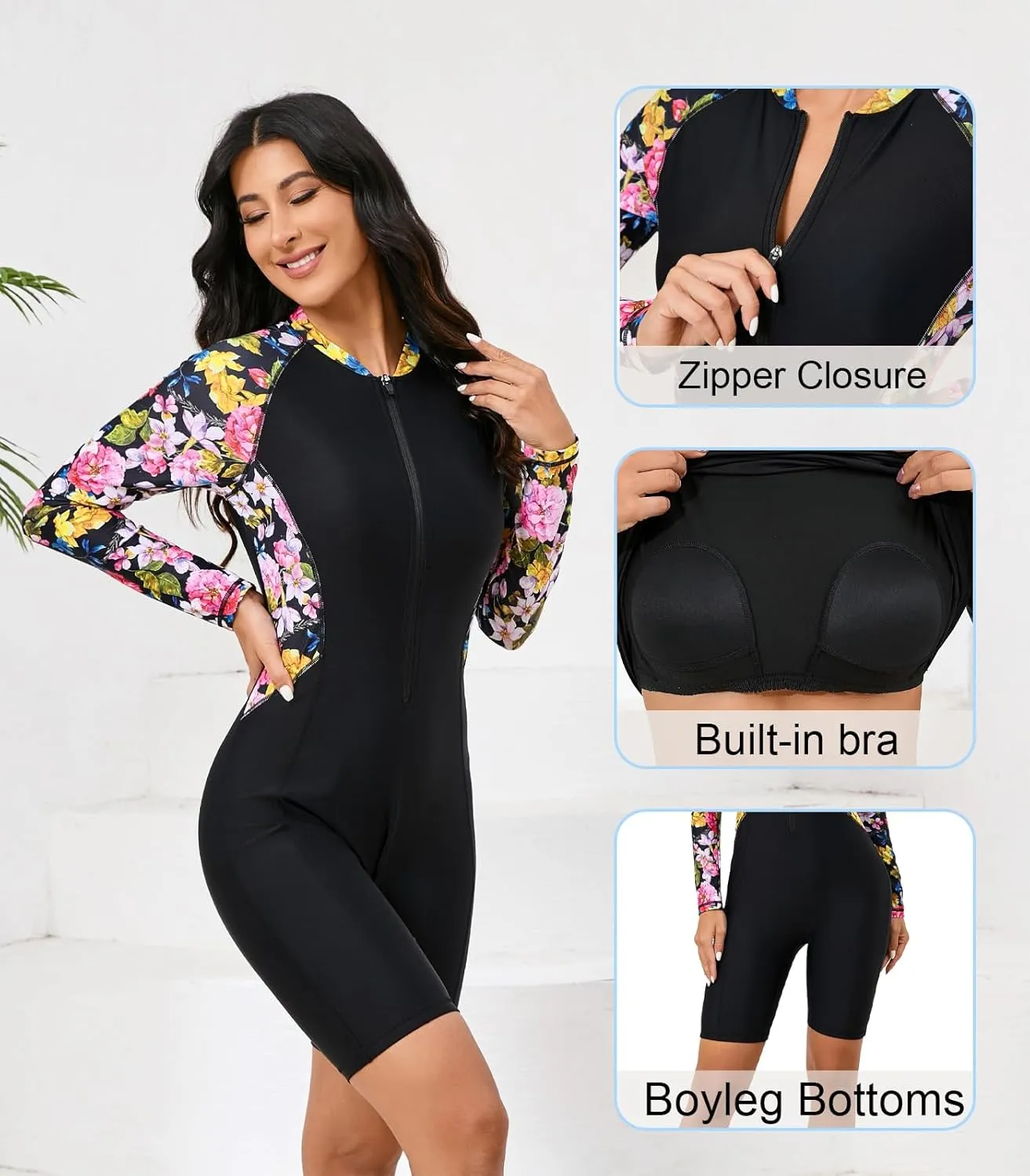 Halcurt Women's Boyleg One Piece Rash Guard with Built in Bra UPF50  Zip Long Sleeve Full Body Modest Swimsuit