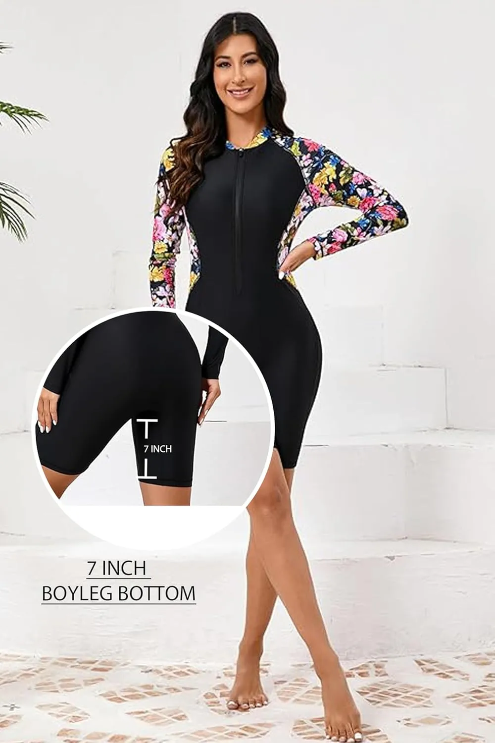 Halcurt Women's Boyleg One Piece Rash Guard with Built in Bra UPF50  Zip Long Sleeve Full Body Modest Swimsuit