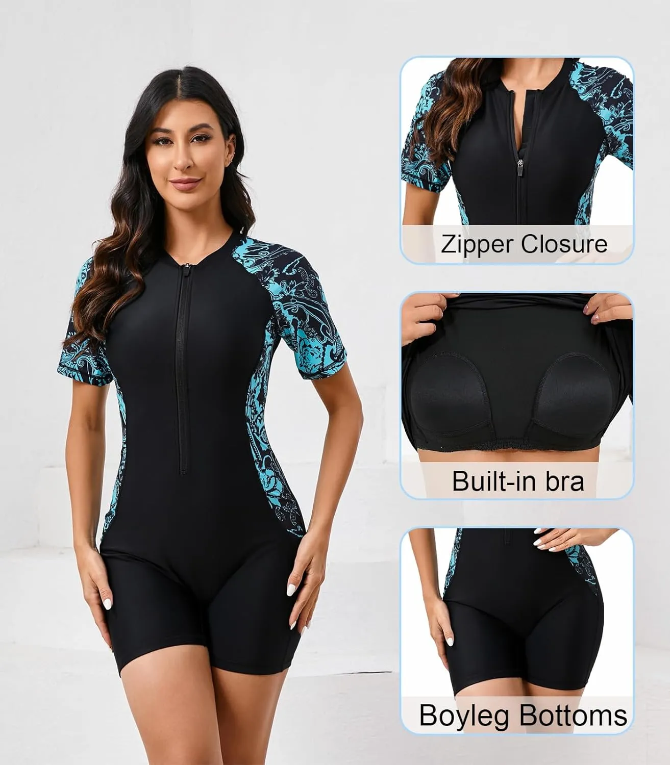 Halcurt Women's Boyleg One Piece Rash Guard with Built in Bra UPF50  Zip Long Sleeve Full Body Modest Swimsuit