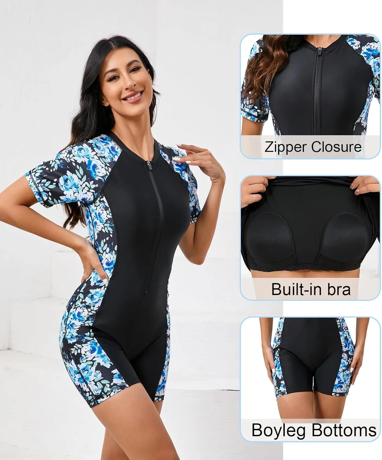 Halcurt Women's Boyleg One Piece Rash Guard with Built in Bra UPF50  Zip Long Sleeve Full Body Modest Swimsuit