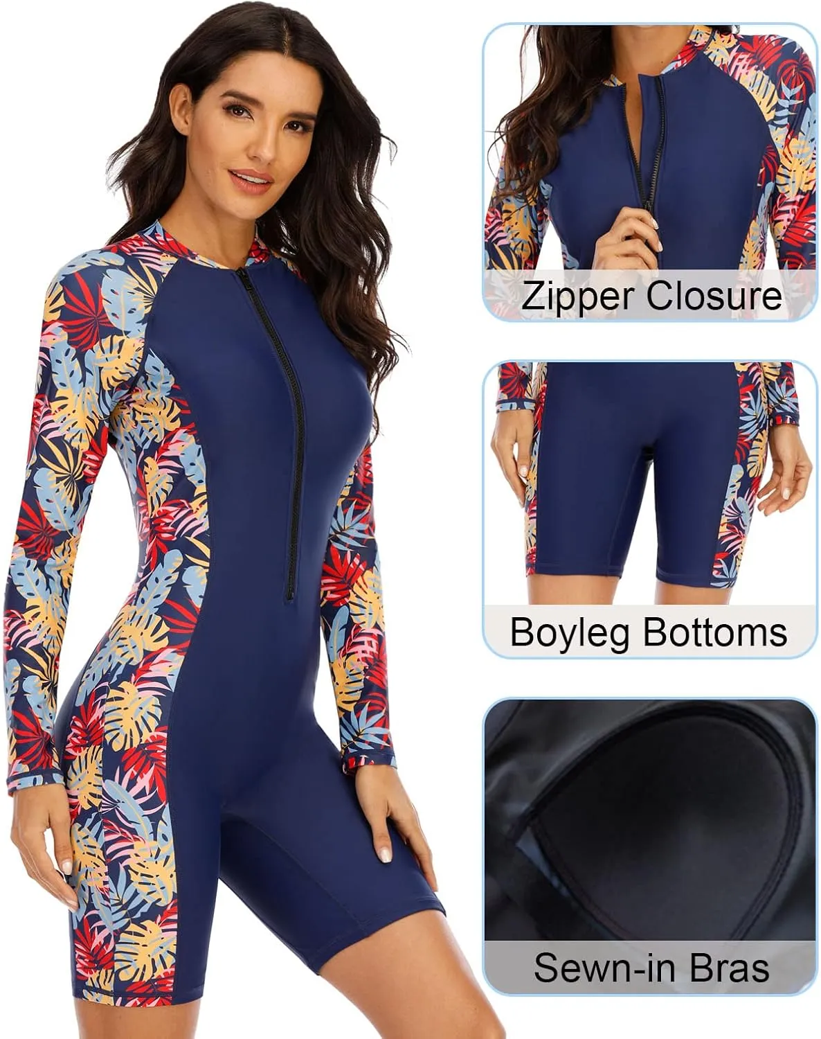 Halcurt Women's Boyleg One Piece Rash Guard with Built in Bra UPF50  Zip Long Sleeve Full Body Modest Swimsuit