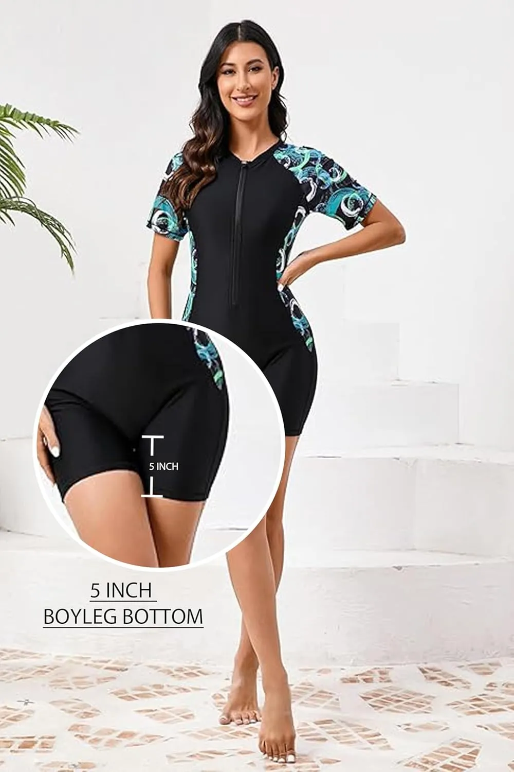 Halcurt Women's Boyleg One Piece Rash Guard with Built in Bra UPF50  Zip Long Sleeve Full Body Modest Swimsuit