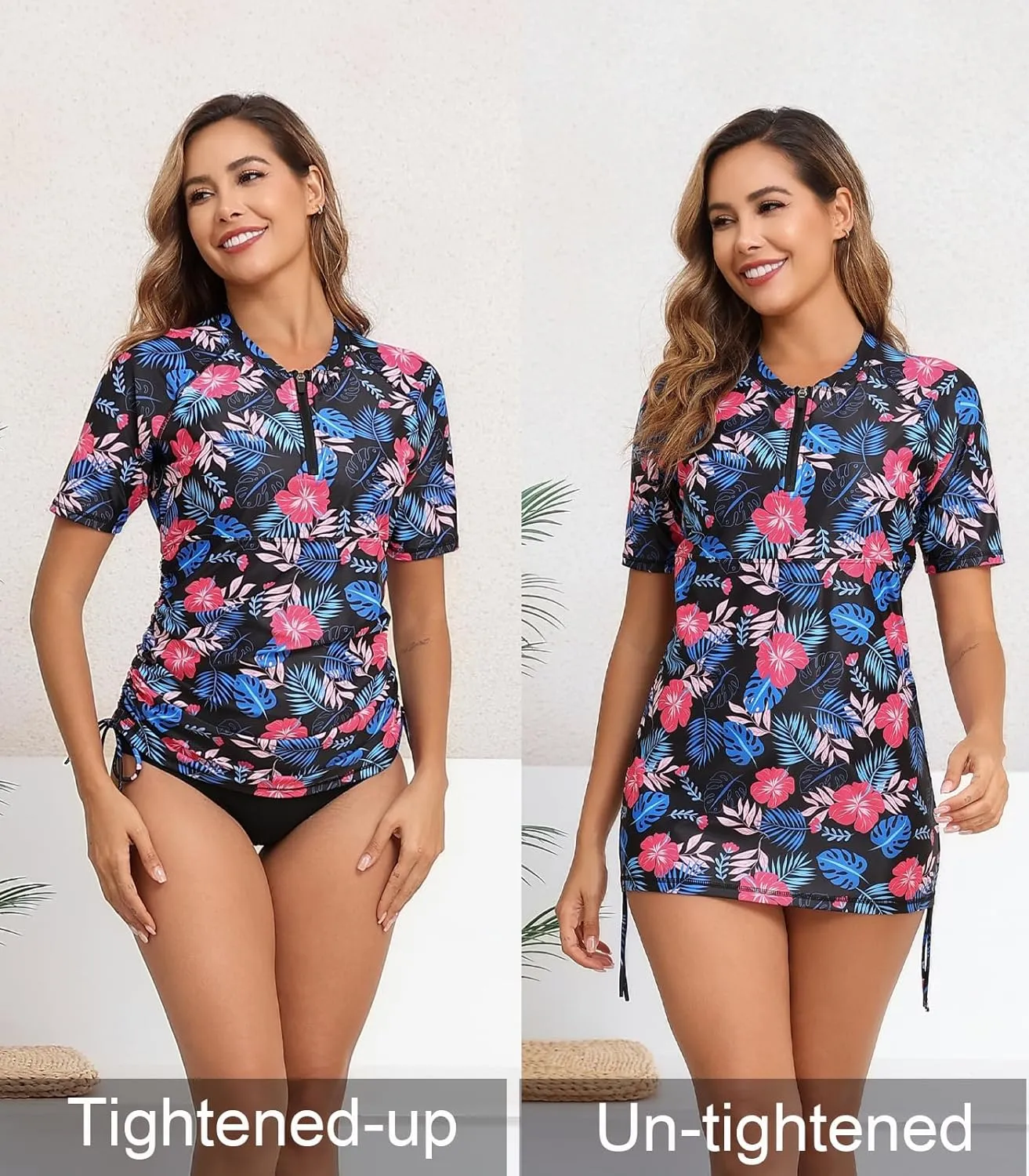 Halcurt Women's Half Zip Short Sleeve Rash Guard Swim Top with Bra Drawstring Adjustable UPF50  Swimsuit