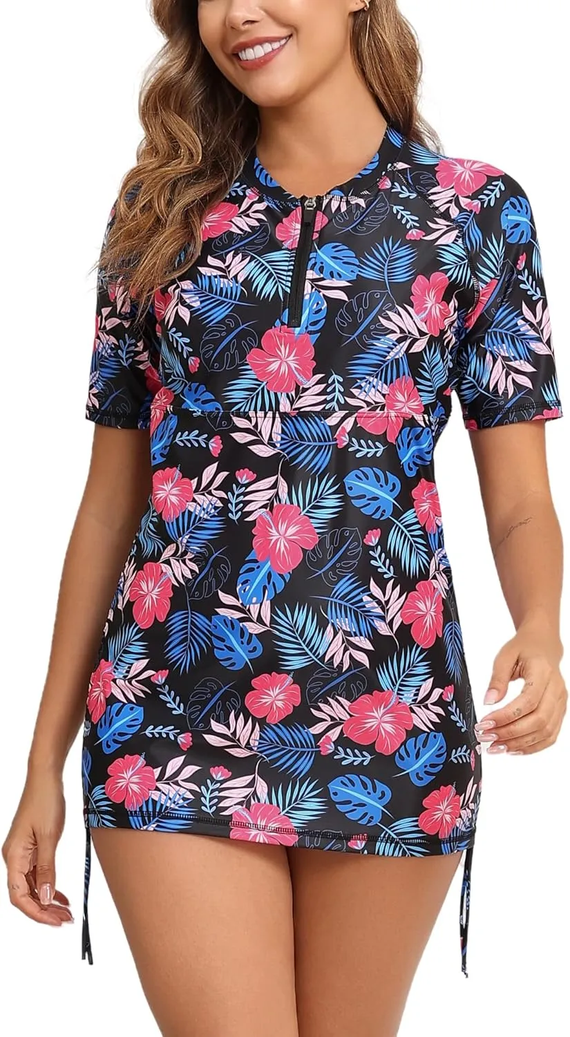 Halcurt Women's Half Zip Short Sleeve Rash Guard Swim Top with Bra Drawstring Adjustable UPF50  Swimsuit