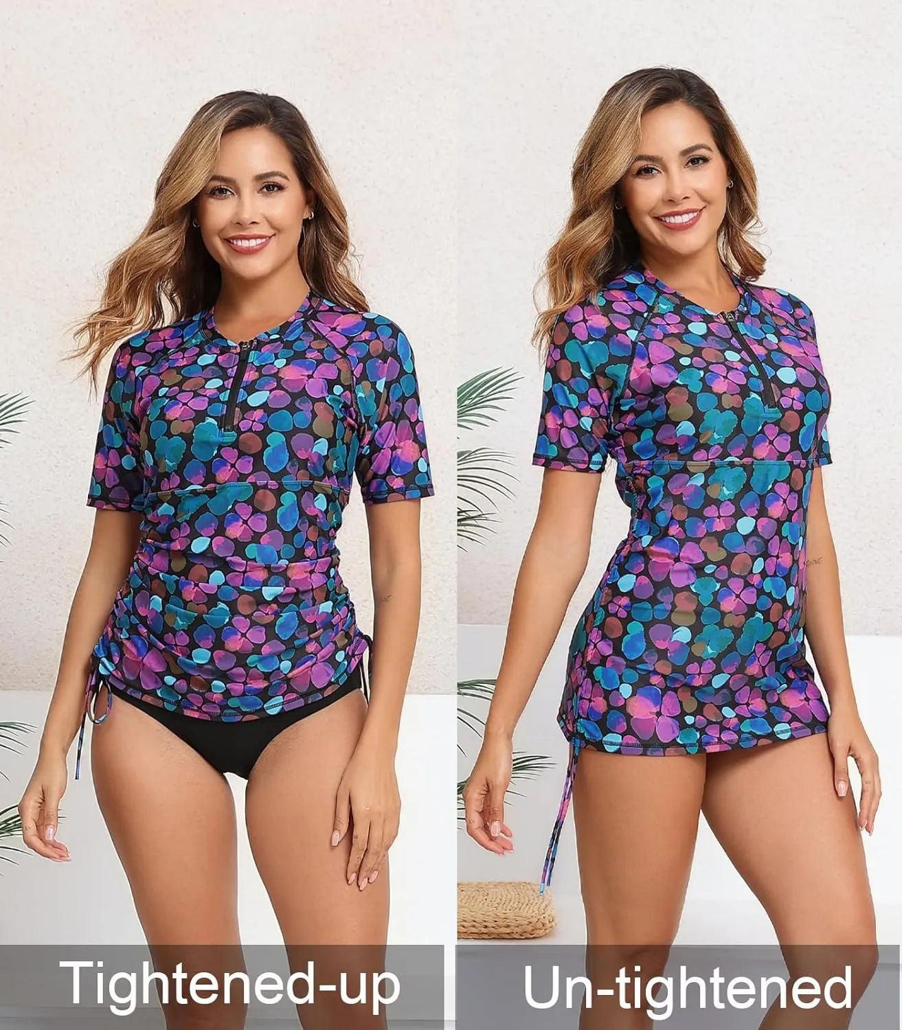 Halcurt Women's Half Zip Short Sleeve Rash Guard Swim Top with Bra Drawstring Adjustable UPF50  Swimsuit
