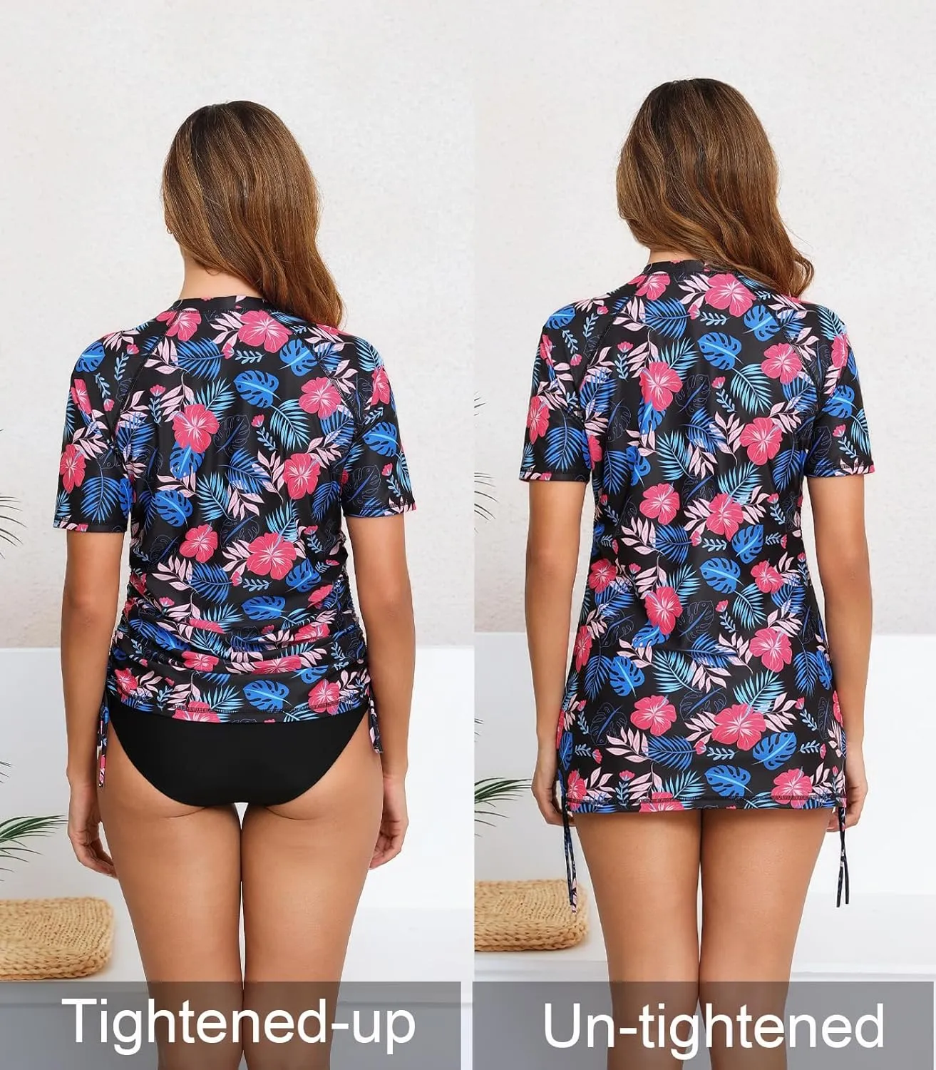 Halcurt Women's Half Zip Short Sleeve Rash Guard Swim Top with Bra Drawstring Adjustable UPF50  Swimsuit