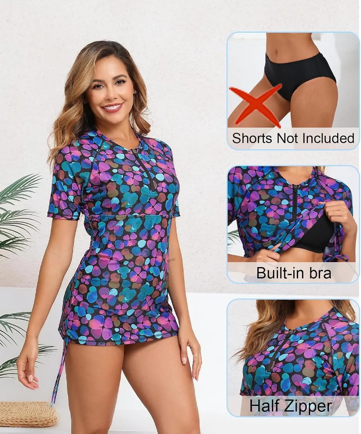Halcurt Women's Half Zip Short Sleeve Rash Guard Swim Top with Bra Drawstring Adjustable UPF50  Swimsuit