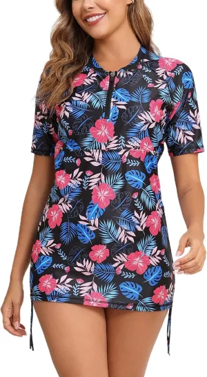 Halcurt Women's Half Zip Short Sleeve Rash Guard Swim Top with Bra Drawstring Adjustable UPF50  Swimsuit
