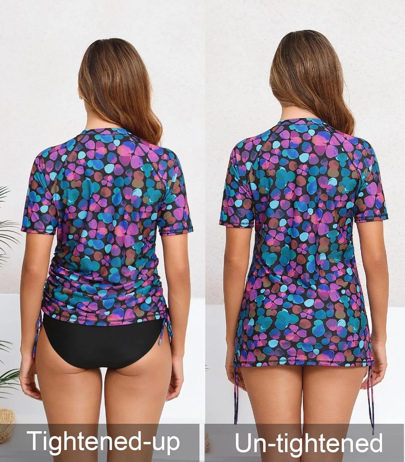 Halcurt Women's Half Zip Short Sleeve Rash Guard Swim Top with Bra Drawstring Adjustable UPF50  Swimsuit