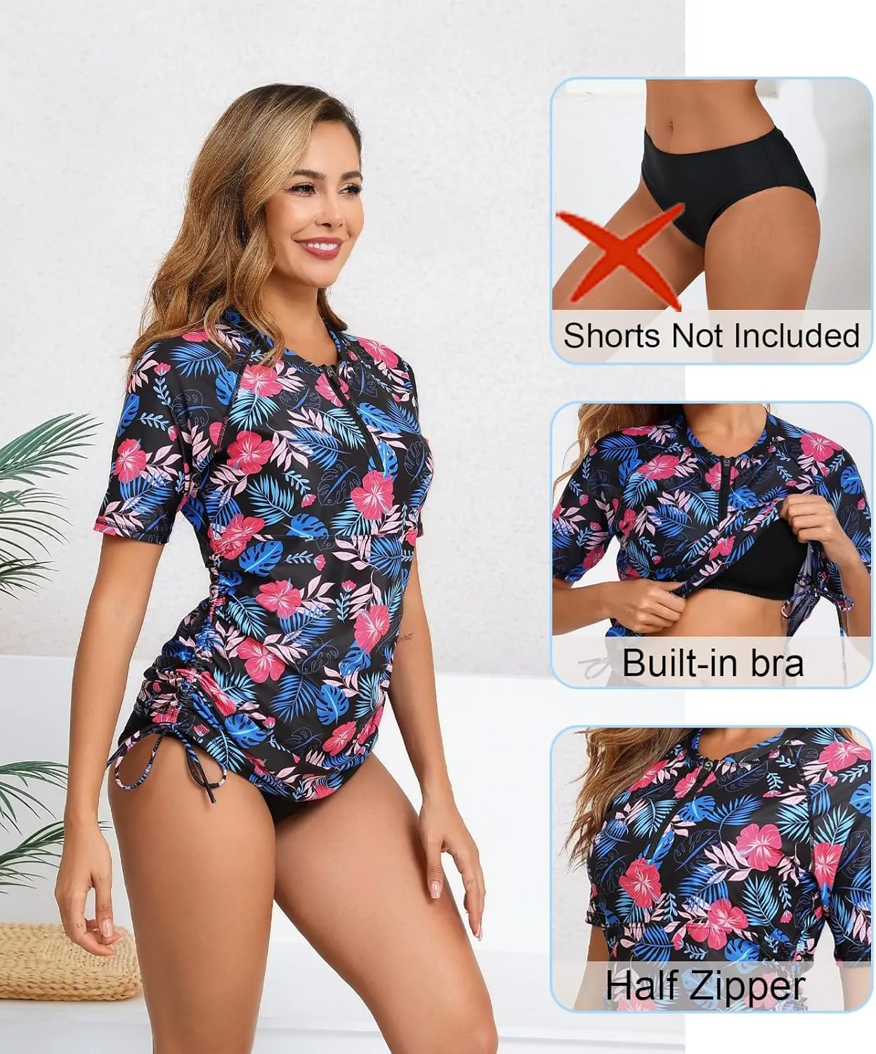Halcurt Women's Half Zip Short Sleeve Rash Guard Swim Top with Bra Drawstring Adjustable UPF50  Swimsuit