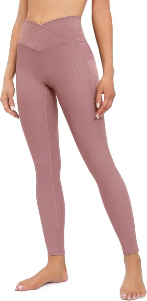 Heathyoga Crossover Leggings with Pockets for Women High Waisted Yoga Pants with Pockets Cross Waist Workout Leggings