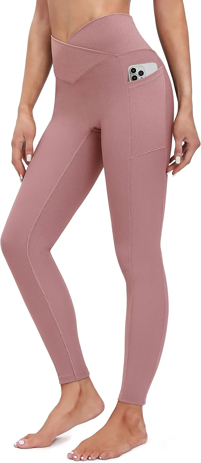 Heathyoga Crossover Leggings with Pockets for Women High Waisted Yoga Pants with Pockets Cross Waist Workout Leggings
