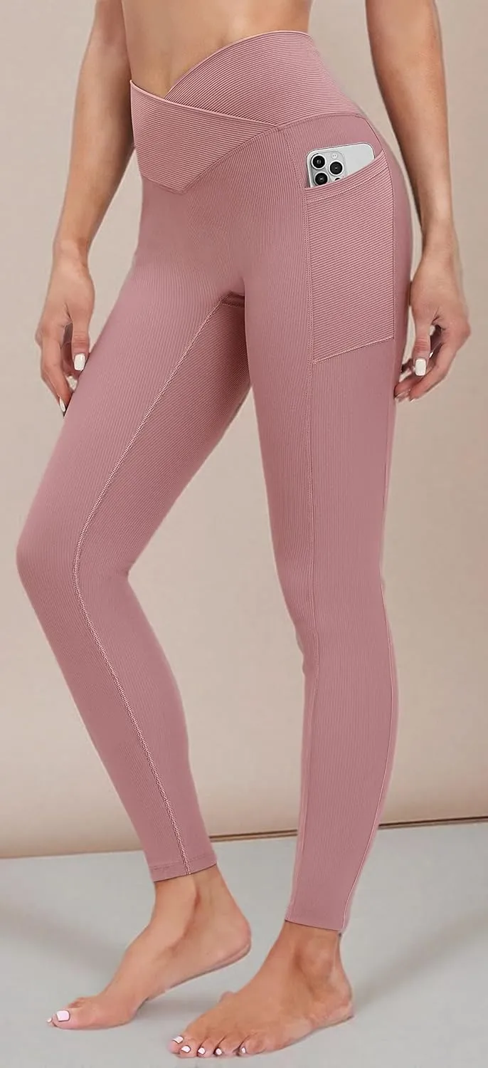 Heathyoga Crossover Leggings with Pockets for Women High Waisted Yoga Pants with Pockets Cross Waist Workout Leggings