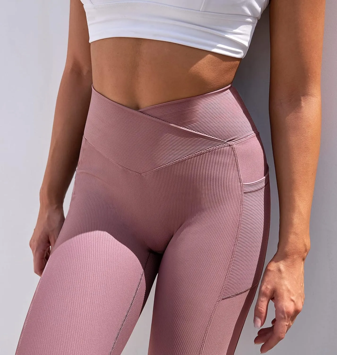 Heathyoga Crossover Leggings with Pockets for Women High Waisted Yoga Pants with Pockets Cross Waist Workout Leggings