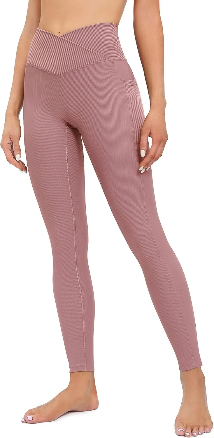 Heathyoga Crossover Leggings with Pockets for Women High Waisted Yoga Pants with Pockets Cross Waist Workout Leggings